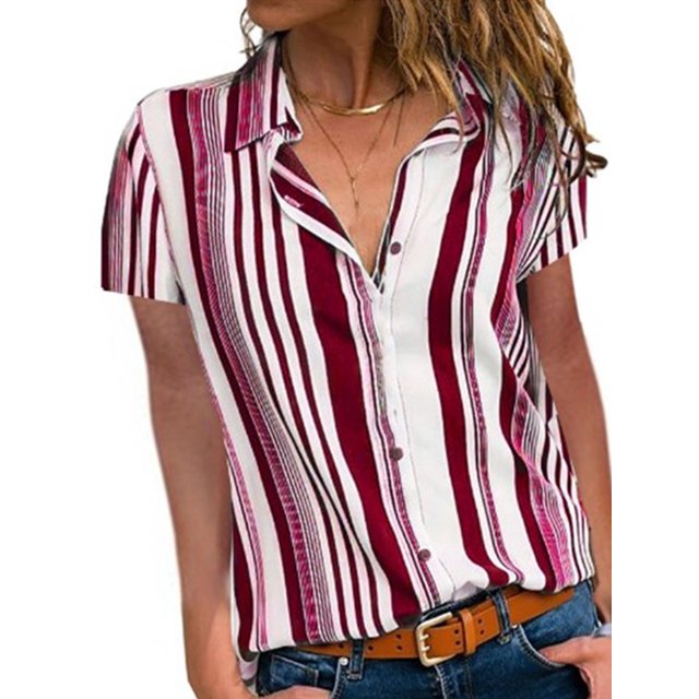MAWCLOS Ladies Shirts Lapel Neck Tops Short Sleeve Blouse Single Breasted Business Button Down Tunic Shirt Red White M