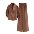 thumbnail image 6 of Ecqkame Two Piece Sets for Women Summer Casual Linen 3/4 Sleeve Top and Wide Leg Pants Lightweight Vacation Solid Color Outfit Set Coffee M, 6 of 9