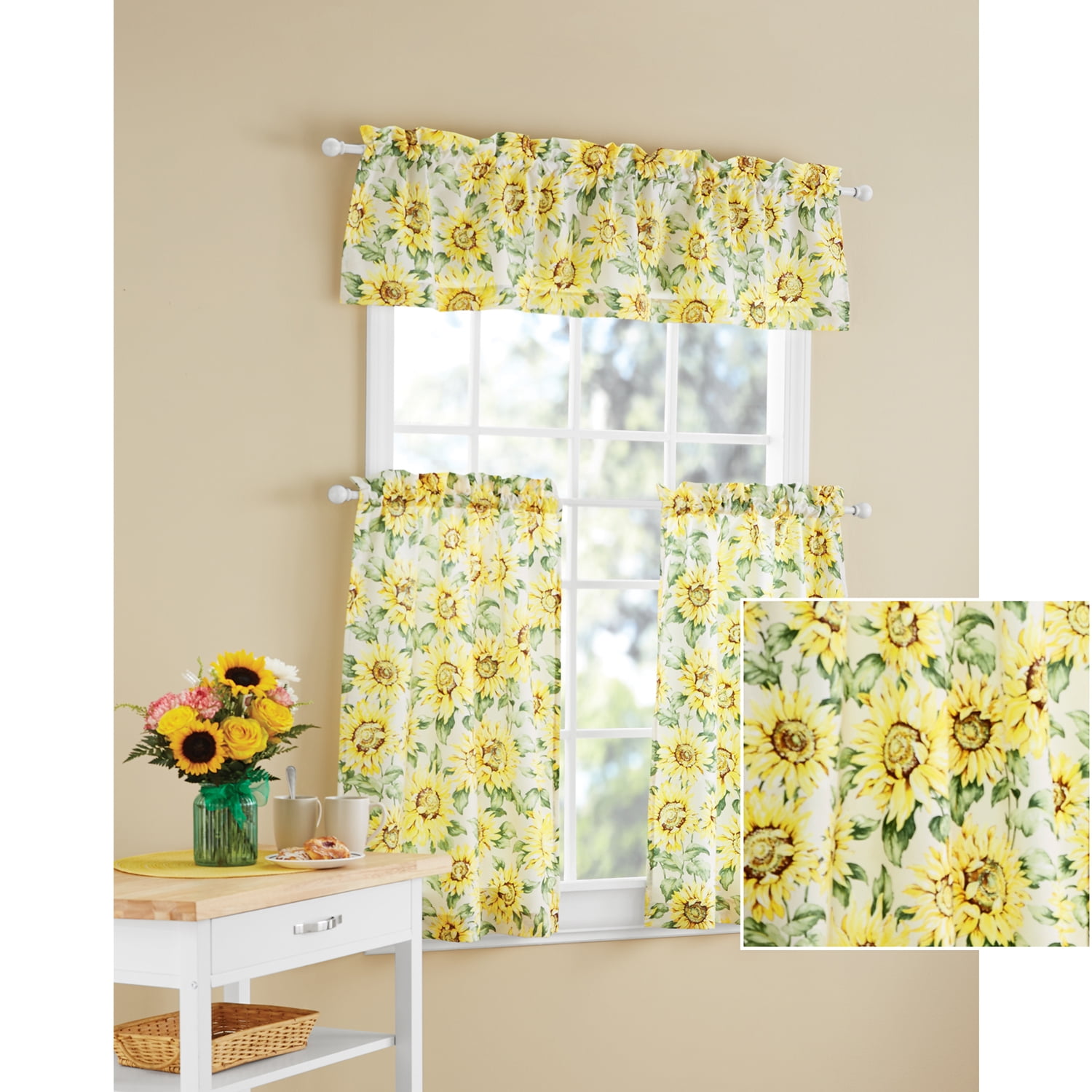 Mainstays Sunflower 3 Piece Kitchen Curtain Tier And Valance Set