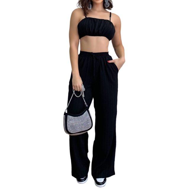 Conjunto De Pantalón Y Top Con Tirantes Pantalones con tirantes para mujer, tops cortos y pantalones largos sexis con pliegues (negro XXL) Cgtredaw Para estrenar