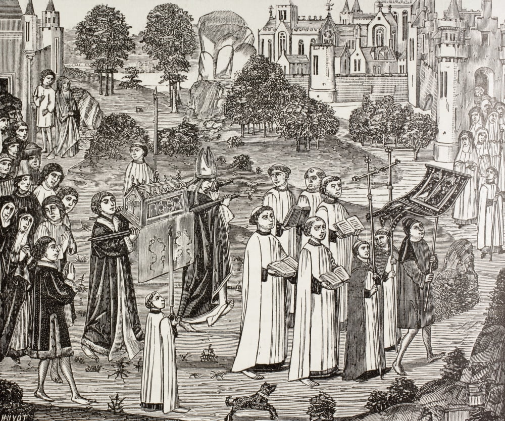 Count Renier Bearing The Body Of Saint Veronica To St Waudru Church In Mons After A 15Th Century Miniature From Military And Religious Life In The Middle Ages By Paul Lacroix Published London Circa 18