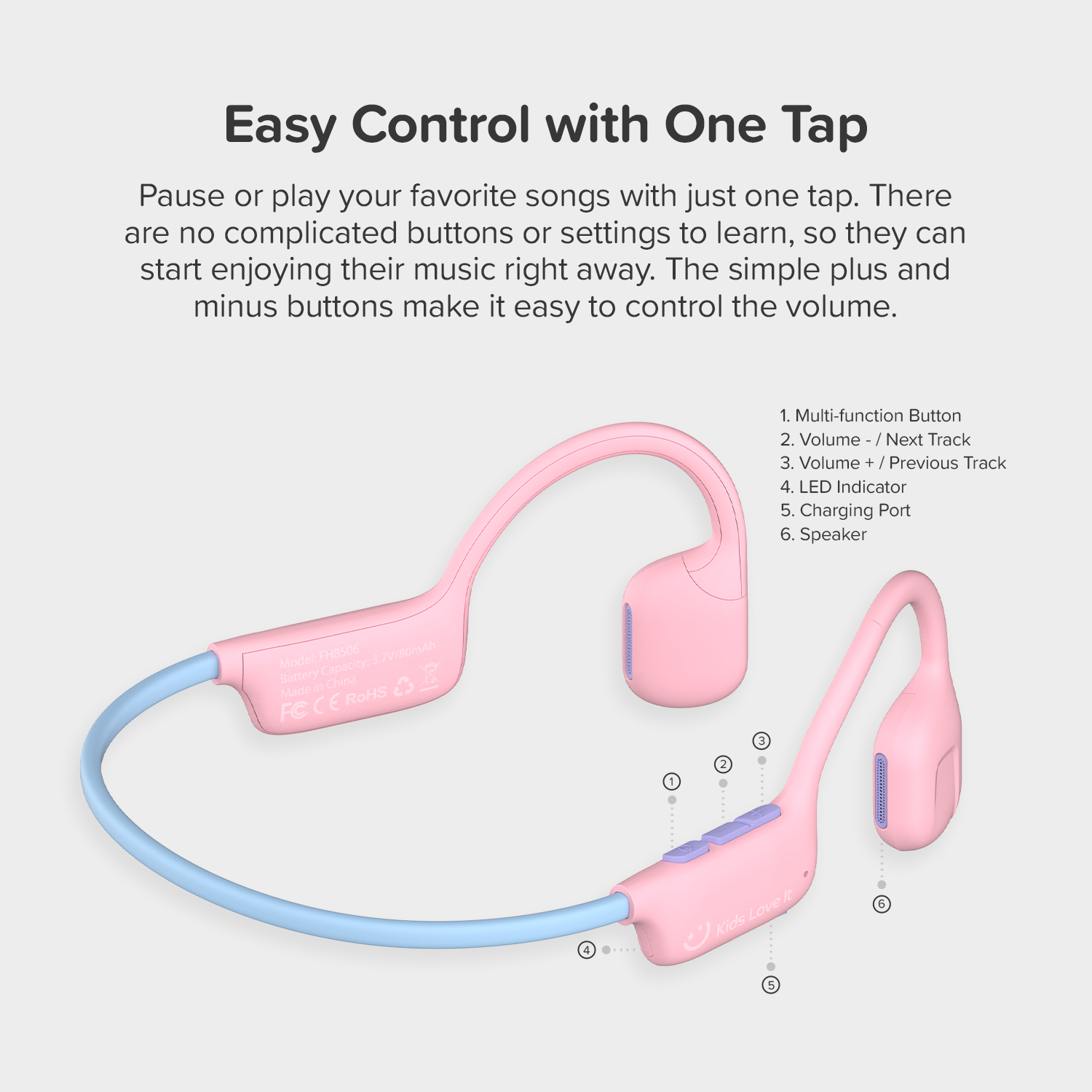 myFirst Airwaves Wireless Open-Ear Kids Headphones - Safe Listening, 18H Battery Life, New Pink