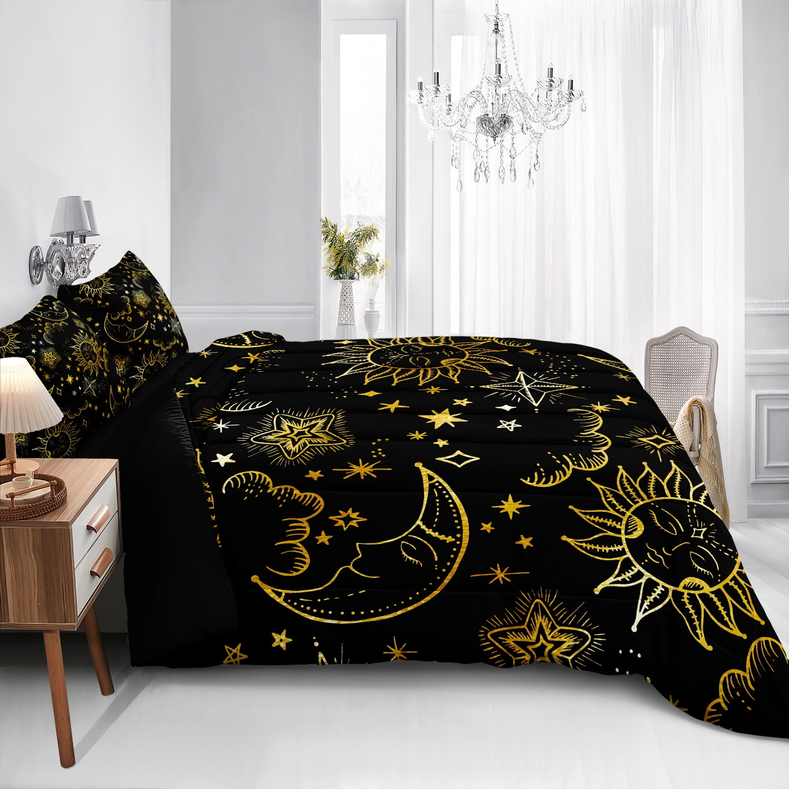 Move Over Black Gold Comforter Set King 4 Pieces Soft Microfiber Universe Comforter Galaxy Bedding Set for Bedroom