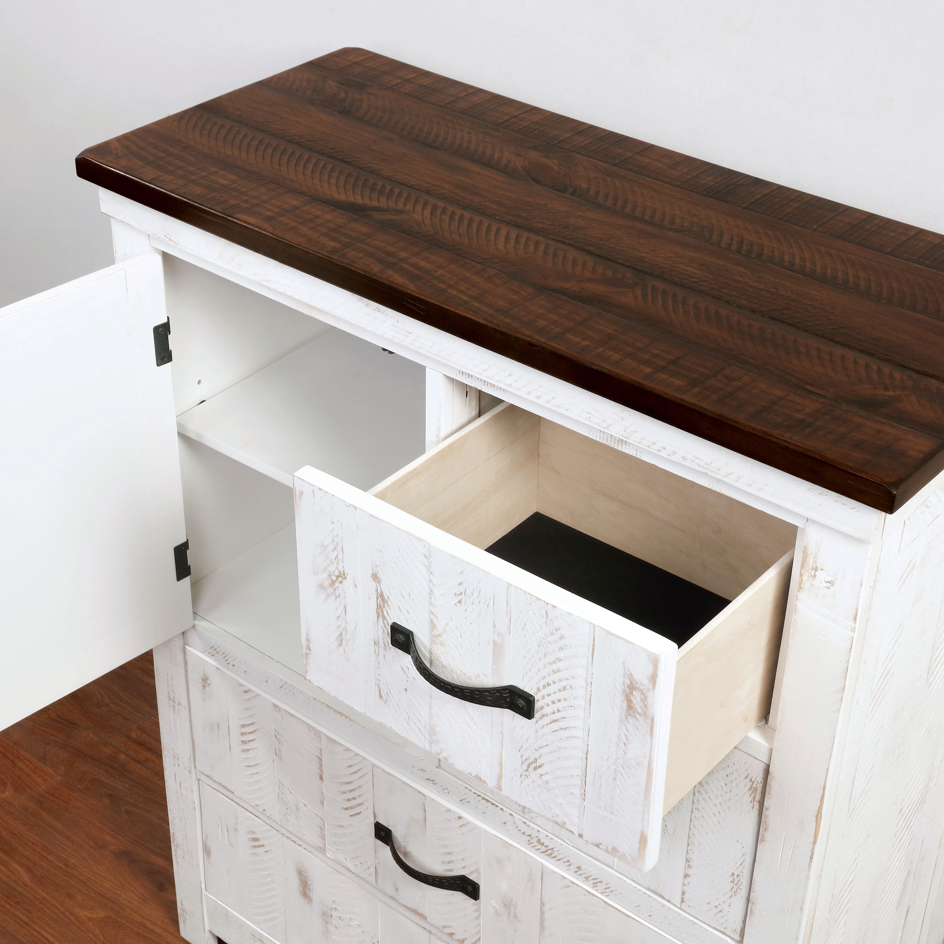 Furniture of America Glenmoor 4-Drawer Chest, Distressed White and Walnut