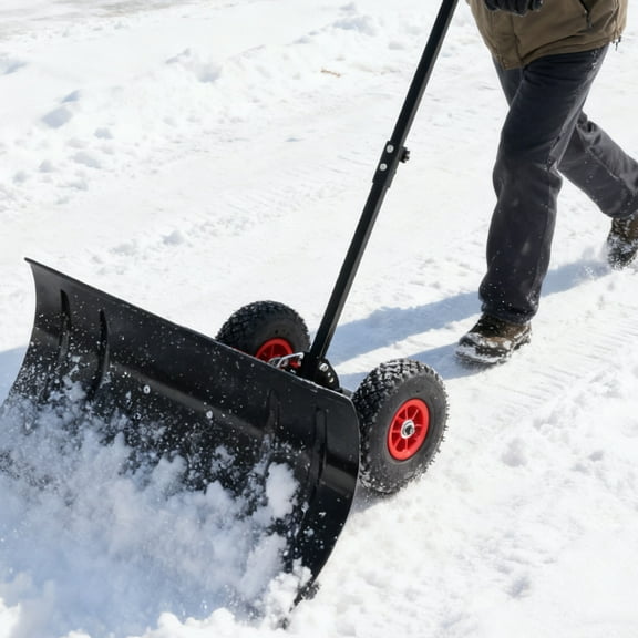 Metal Snow Pusher with 10" Wheels and High-Quality Blade, Ice Scraper with Adjustable Angle and Height Handle, Heavy Duty Ergonomic Shovel for Driveway, Sidewalk, Pavement, Black