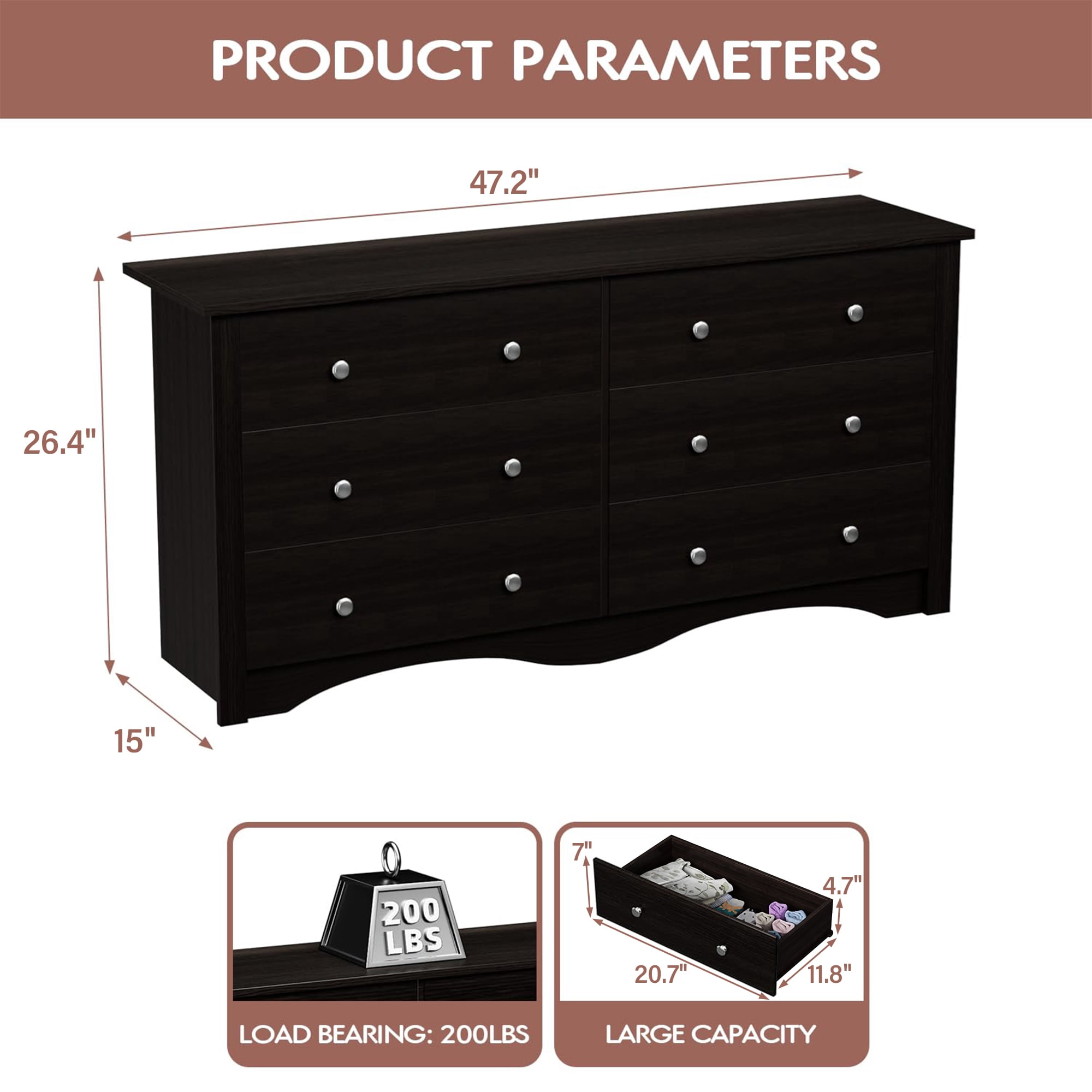 Homall - Brandclub - Homall 47'' Wide 6 Drawer Wood Dresser, Chest of Drawers Double Tier Storage Cabinet for Bedroom & Living Room, BlackFinish Homall - Brandclub - Homall 47'' Wide 6 Drawer Wood Dresser, Chest of Drawers Double Tier Storage Cabinet for Bedroom & Living Room, BlackFinish