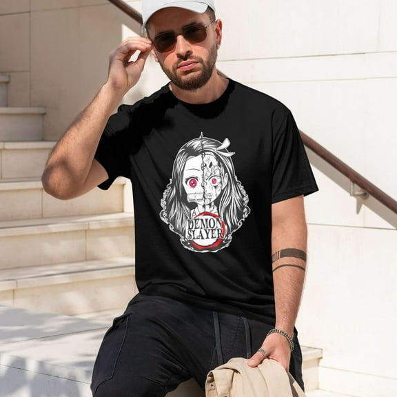 Men Anime Demon Slayer Shirt Kamado Tanjirou Print T-Shirts Cosplay Shirts Fashion Casual Shirt Black -Small