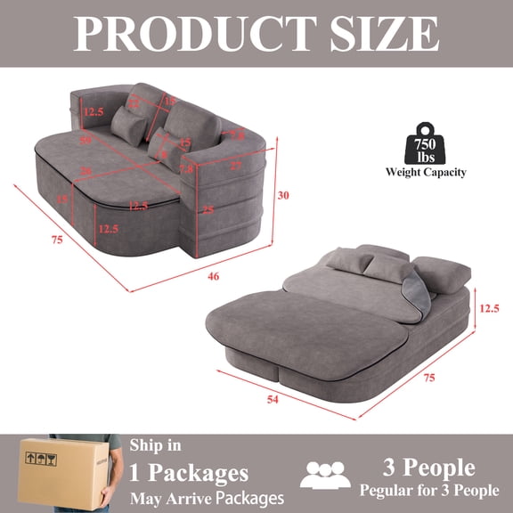 75''2-in-1 Foldable Sofa,Convertible Sleeper Foam Sofa Bed with Multi Functional Blanket, Chenille Floor folding sofa bed, Floor Sofa Lounge Sofa for Living Room Bedroom Lounge Studio