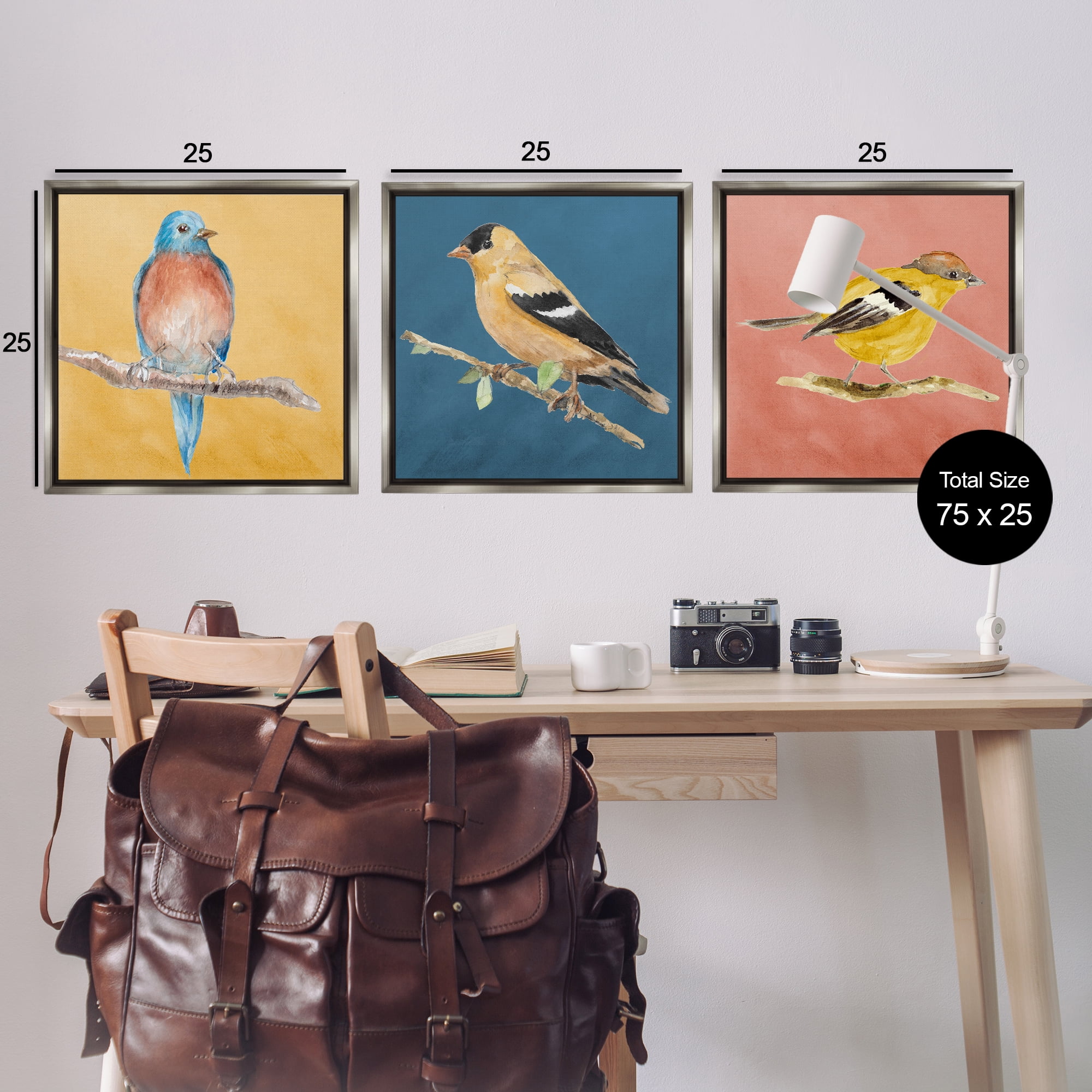 Stupell Industries Brilliant Birds on Branches Animals Painting Gray Floater Framed Canvas Art Print Wall Art, 25 x 25, Set of 3