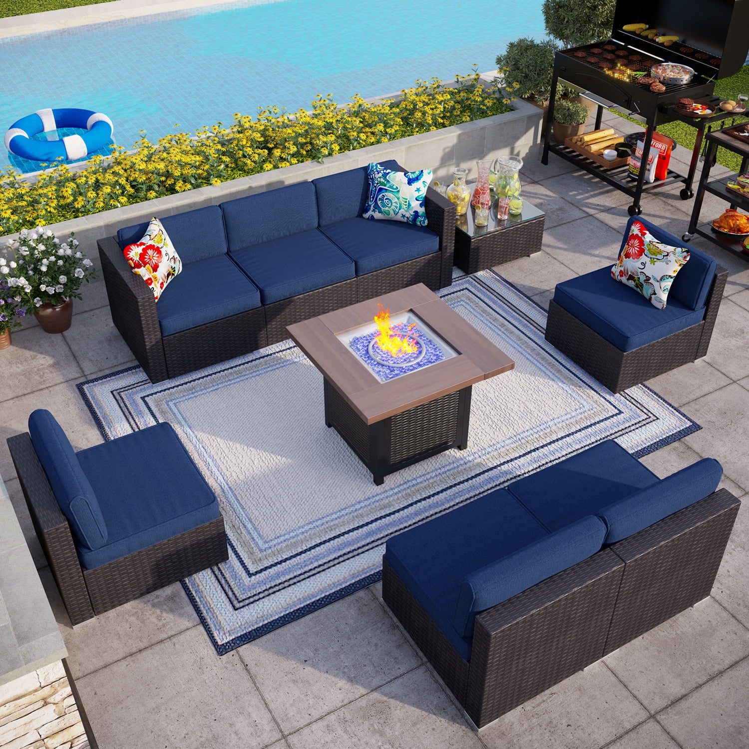 Mf Studio 9 Pcs Outdoor Patio Furniture With 34 Inch Fire Pit Table Walmart Com