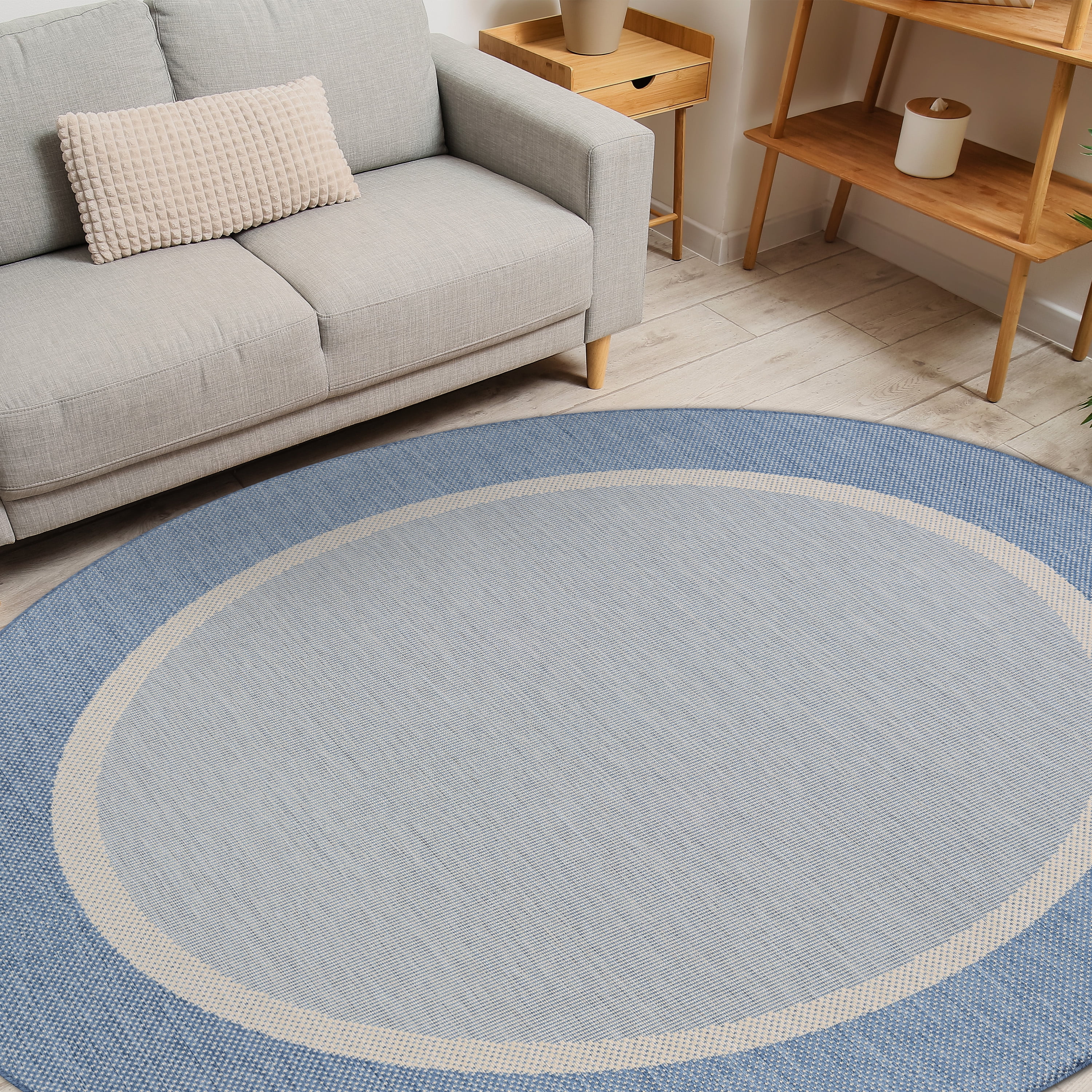 Couristan Recife Stria Texture Indoor/Outdoor Rug, 8'6", Round, Champagne- Blue Color, Hose Washable, 5526/1212
