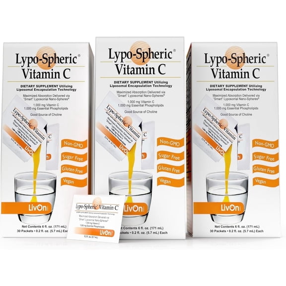 LivOn Laboratories LypoSpheric Liposomal Vitamin C Supplement 1000mg for Immune Support, 90 Packets