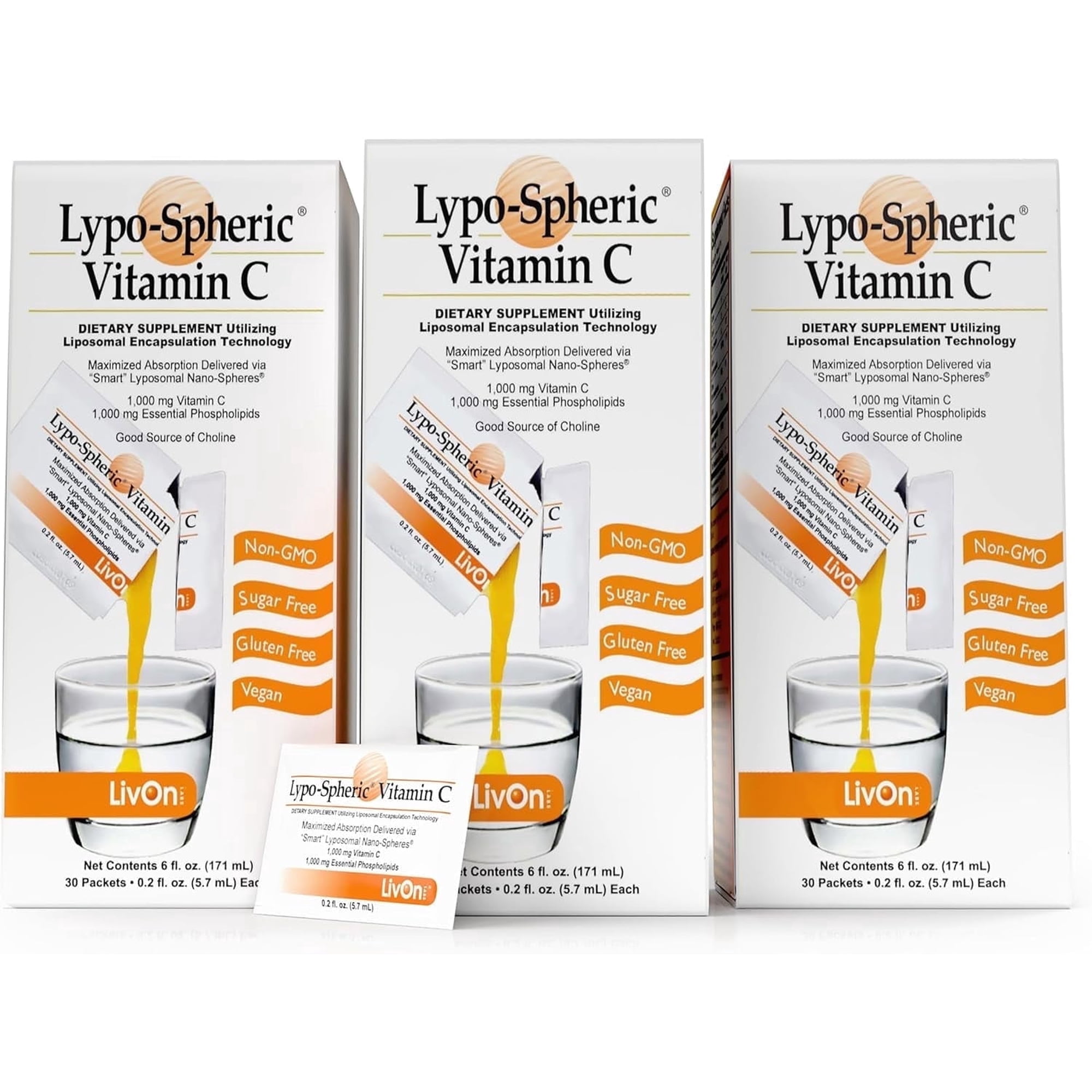 LivOn Laboratories Lypo–Spheric Liposomal Vitamin C Supplement 1000mg for Immune Support, 90 Packets