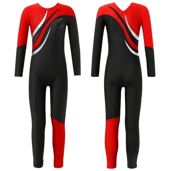 renvena Kids Girls Long Sleeve Gymnastics Leotard Full Body Unitard Skating Jumpsuit Bodysuit Dancewear Red 10