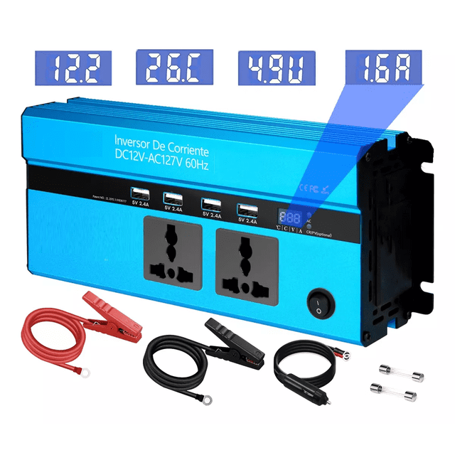 Inversor De Corriente Dual 1000w Con 4 Usb 12 Vcc A 110 Vca Azul