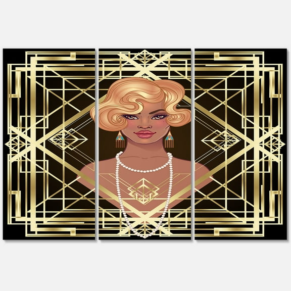 Retro Girl In Golden Art Deco Geometrics III 28 in x 36 in Painting Canvas Art Print, by Designart