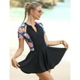 thumbnail image 2 of IDOPIP Women Short Sleeve One Piece Rash Guard Modest Swimsuits Dress Zipper Bathing Suit Skirt with Short, 2 of 7