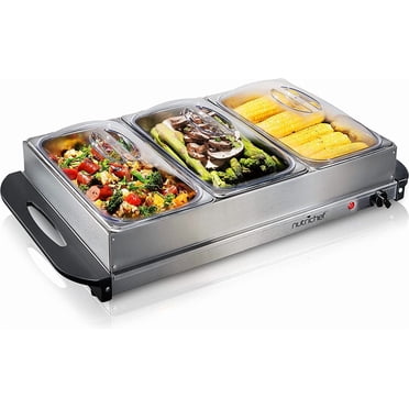 Nutrichef Professional Stainless Steel Buffet Warmer Server with 3 Trays | Portable Hot Plate Food Warmer Station for Parties & Events | Easy to Clean | 3 See-through lids | Max Temperature 175F