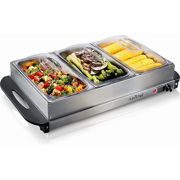 Nutrichef Professional Stainless Steel Buffet Warmer Server with 3 Trays | Portable Hot Plate Food Warmer Station for Parties & Events | Easy to Clean | 3 See-through lids | Max Temperature 175F