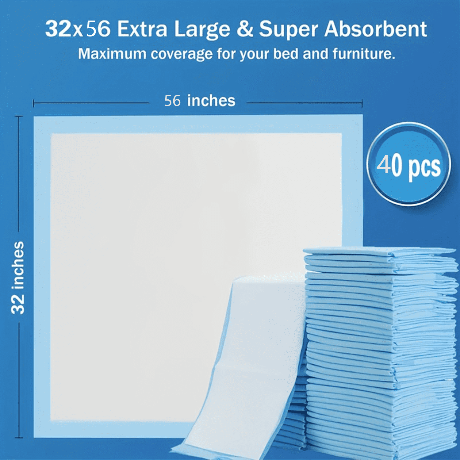 Tear-Resistant Disposable Bed Pads 31"x55" 40 Count Absorbent Underpads,Thicker Extra Large Incontinence Bed Pads, Pee Pads for Adults, Kids, Elderly, Pets