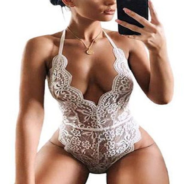 Lencería de una pieza para mujer Nikou Escote en V Profundo Sin Espalda Transparente Con Tirantes Ajustables Encaje Blanco M