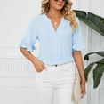 thumbnail image 2 of Camiseta con cuello en V para mujer, mangas con volantes, ajuste holgado, color puro, informal, Top de verano para uso diario, azul L, 2 of 6