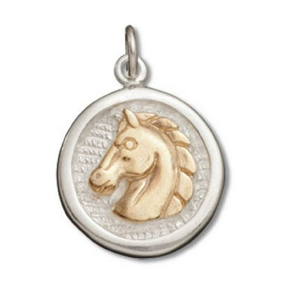 Sterling Silver 16" .8mm Box Chain Round Medallion Gold Horsehead Pendant Necklace