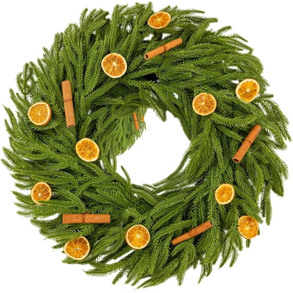 24" Real Touch Norfolk Pine Wreath,Christmas Wreaths for Front Door with Natural Dried Orange Slices and Cinnamon Artificial Green Wreath Holiday Decoration for Indoor Outdoor Home Decor