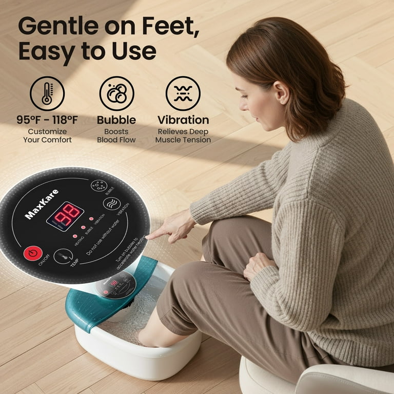 Maxkare Foot Soak Spa Bath Massager with Heat, Bubbles, and Vibration, Digital Temperature Control, 16 Detachable Massage Rollers, Soothe and Comfort