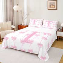 Manfei Monogrammed T Theme Bed Sheets,Ribbon Bow Tie King Sheets,Pink Sequin Print Sheet Set For Girl Teens,Ultra Soft Bedroom Decor,4pcs