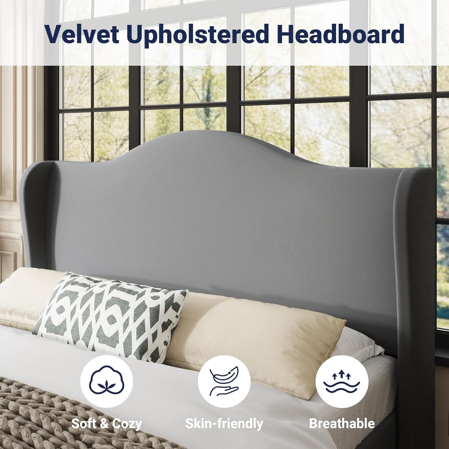 Allewie Full Size Bed Frame, Upholstered Wingback Platform with 47" Tall Tufted Headboard, Plush Velvet Fabric, Modern Minimalist Design, No Box Spring Required, Tool-Free Assembly, Gray