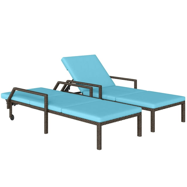 Outsunny Wicker Patio Loungers with Wheels - Set of 2, Blue