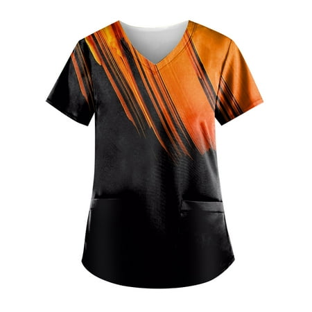 

Sksloeg Uniform Tops for Women Scrubs V-Neck Vintage Clothes Color Block Printed T-Shirts Short Sleeve Workwear Nurse Uniform Tee with Pockets Orange XXXXXL