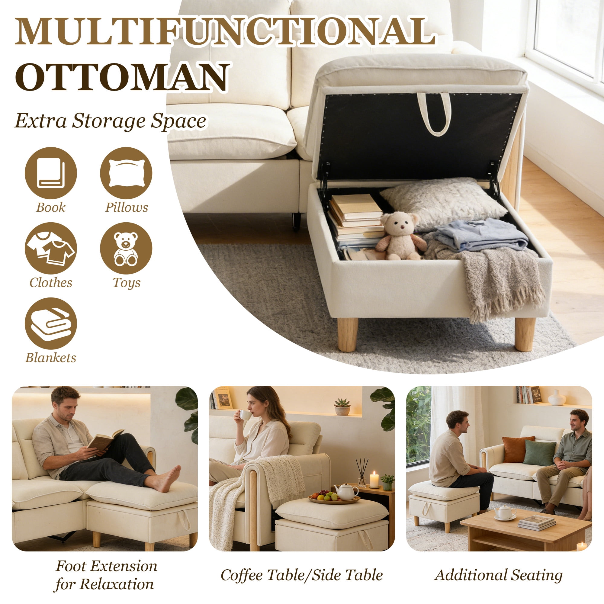 MOONMISS 3-Seater Chenille Sectional Sofa with Storage Ottoman & Side Pocket Convertible Chaise Lounge for Living Room,Beige