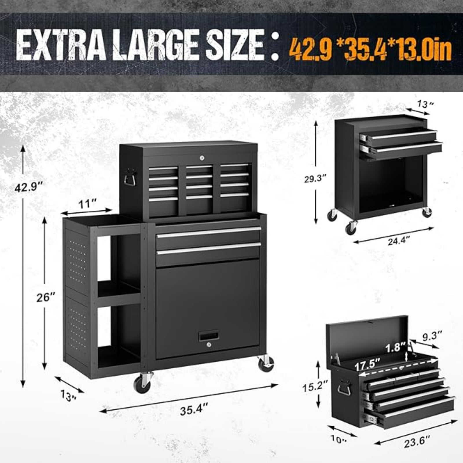 Gewna 8 Drawers Rolling Tool Chest with Locking System,Metal  Storage Cart  with Side Cabinet, Removable Toolbox Organizer for Workshop, Garage