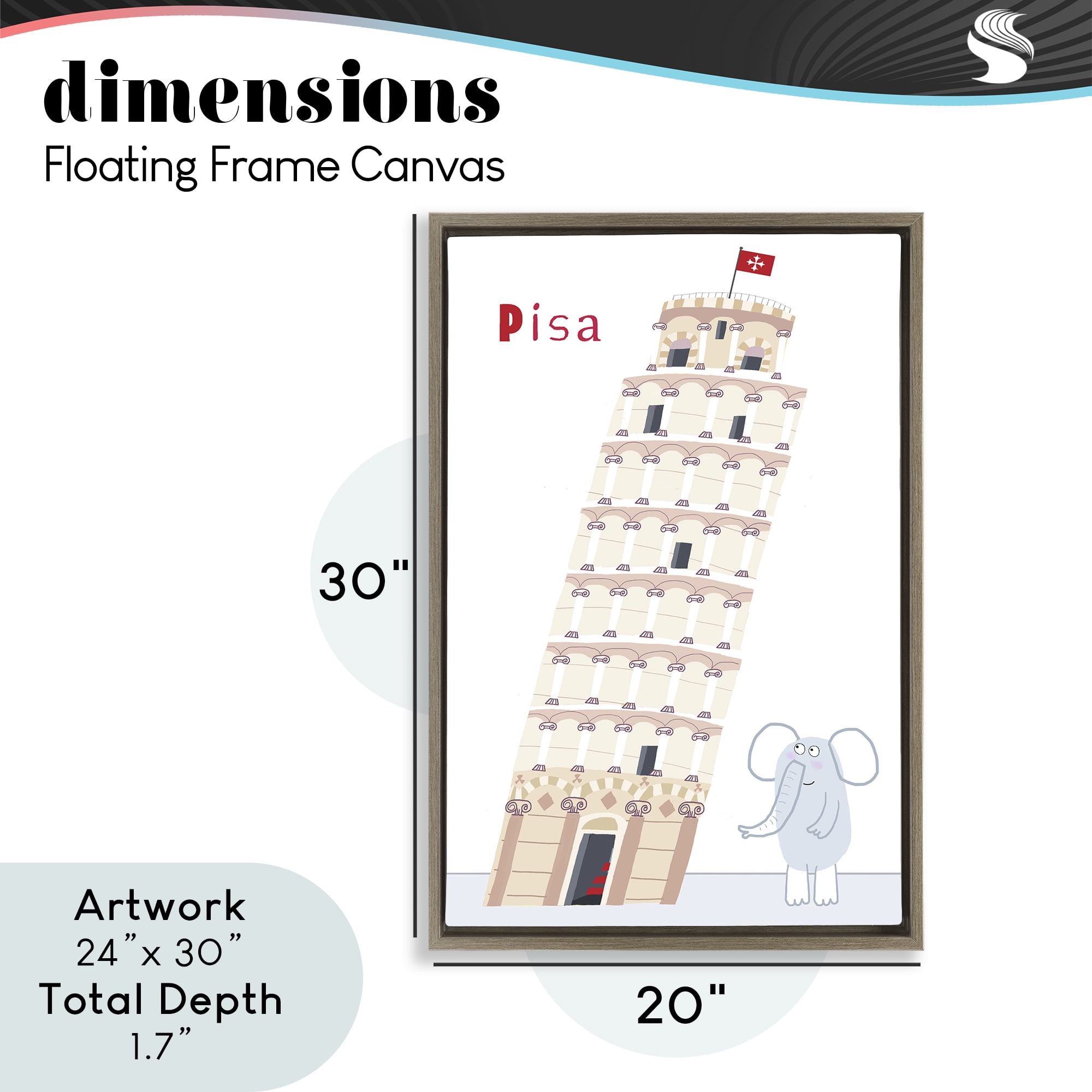 Elephant & Leaning Tower Pisa Brown Framed Floater Canvas Wall Art, design by Carla Daly