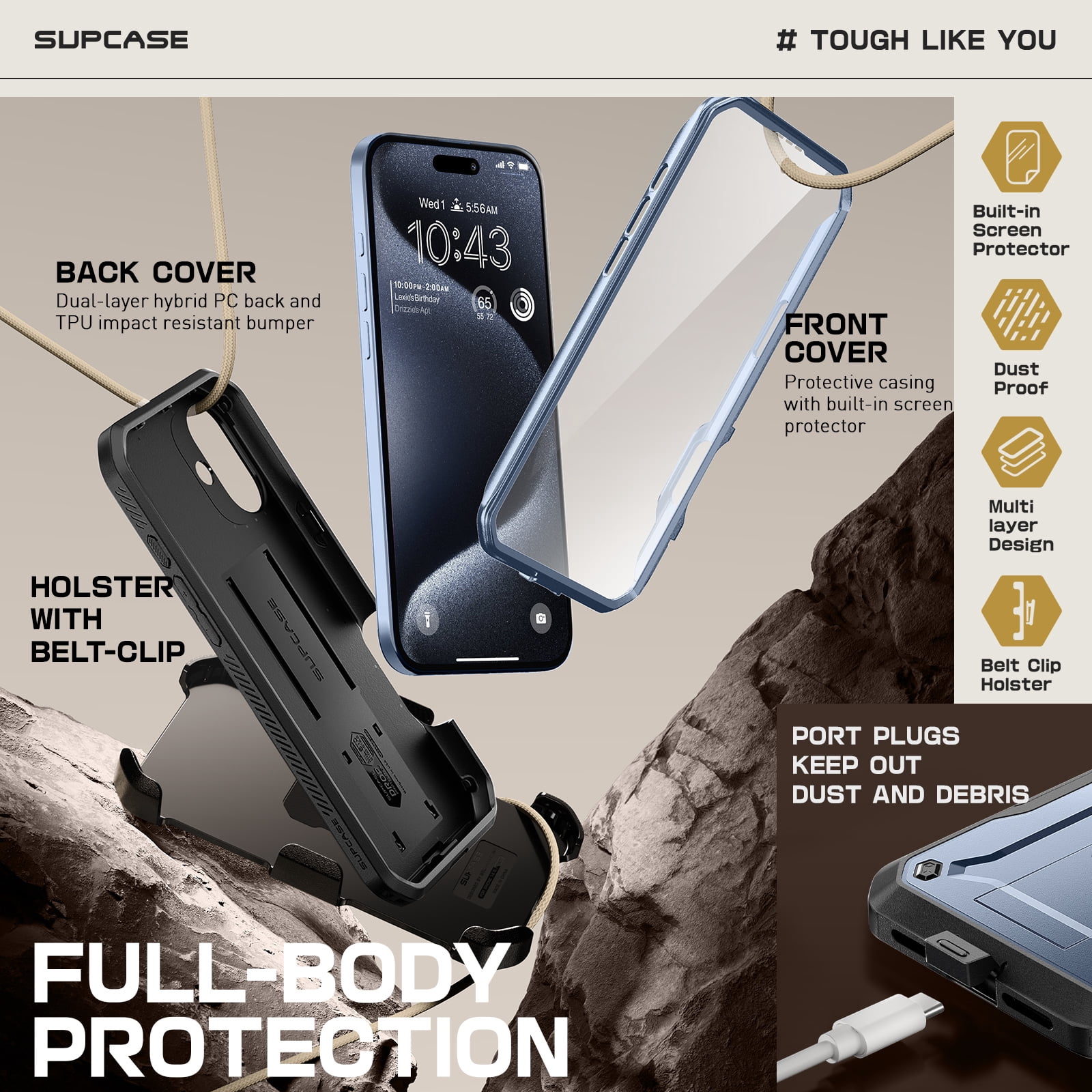 SUPCASE Unicorn Beetle Pro for 2024 Apple iPhone 16 (6.1") Case with Screen Protector,[Built-in Stand & Belt-Clip][Military-Grade Protection] Phone Case Shockproof Cover for iPhone 16, 6.1 inch, Blue
