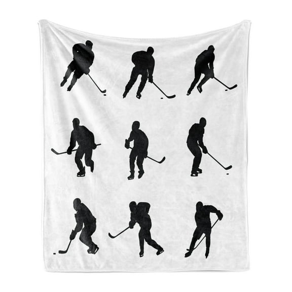 Hockey Soft Flannel Fleece Throw Blanket, Monochrome Pattern Player Silhouettes in Different Positions Sticks, Cozy Plush for Indoor and Outdoor Use, 50" x 70", Black White, by Ambesonne