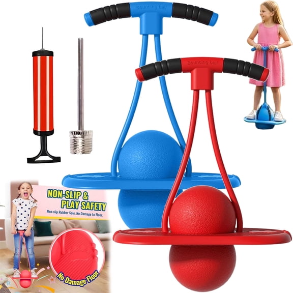 Balance Jumping Ball, Pogo Ball with Handle and Pump for Beginners & Adults, Up to 600lb, Silent Design, Fun Challenge Indoor Outdoor Bounce Toys, for Balance/Coordination/Fitness - Blue