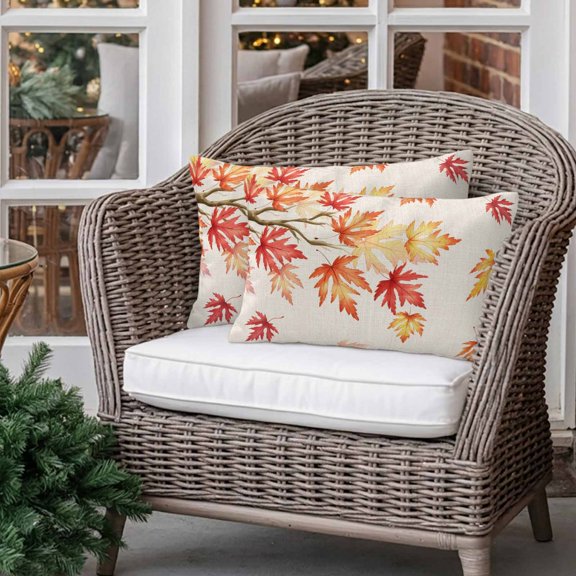 Outdoor Pillow Covers Pack of 2, Autumn Maple Leaves Thanksgiving Waterproof Throw Pillowcase Cushion Cases, Farm Deciduous Retro Linen Decorative Pillow Cover for Couch Sofa Home Bed Patio 20x12in