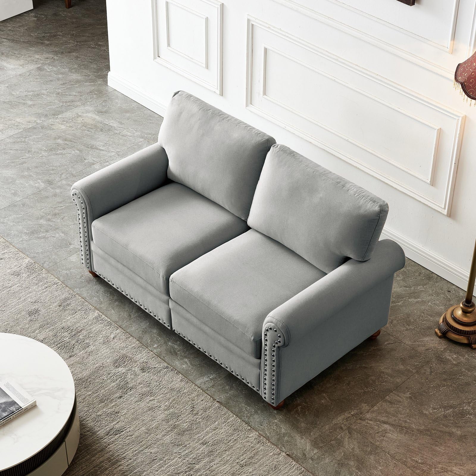 Grey Fabric Loveseat Sofa with Storage - Modern Round Arm Upholstered 2-Seater, 100% Polyester, Sturdy Solid Wood Frame, 600lbs Capacity