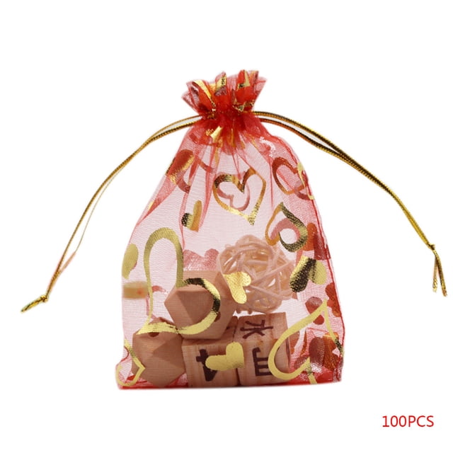 Oro estampado corazón bolsa de organza multicolor Favor de la boda regalo de joyería bolsas de dulces 100 piezas Speravity JJ16342-01