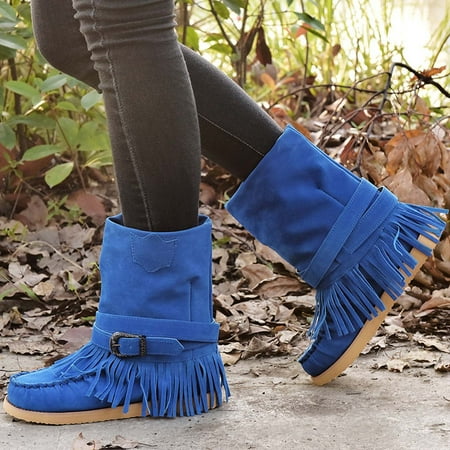 

Tassel Boots For Women Suede Ankle Booties Winter Round Toe Vintage Fringe Mid-Calf Flat Shoes