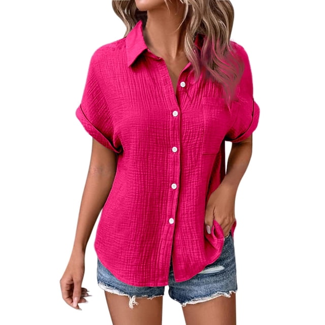 Camisa de manga corta con botones y mangas murciélago de color liso para mujer - Poliéster - Tallas S-XXL