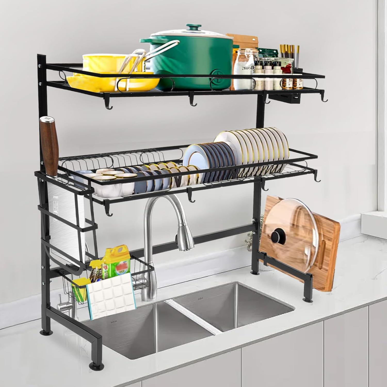 Over The Sink Dish Drying Rack 2-Tier Multifunctional Large Storage Kitchen Dish Rack for Storing Seasonings Dishes Chopsticks Cutting Boards (32.3in)