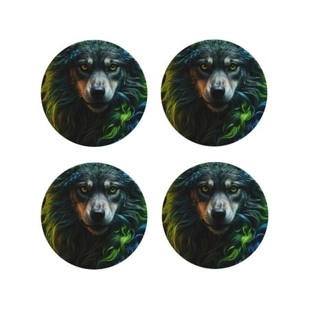 

Tideii Realistic Style Colorful Wolf A for Leather Coasters 4 Pieces Anti-fouling and Anti-scalding Decorative Coasters Suitable for Restaurants Kitchens Coffee Shops-Round Shape