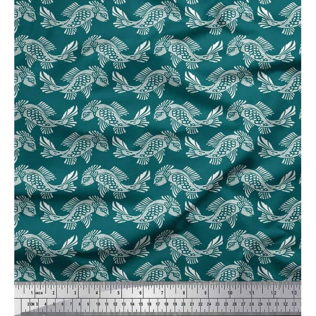 Soimoi Rayon Crepe Fabric Fish Block Print Fabric by The Yard 46 Inch Wide