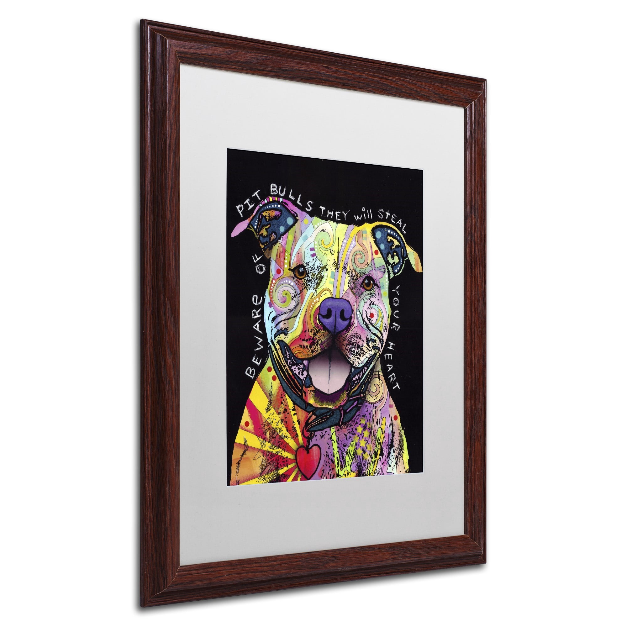 Trademark Fine Art "Beware of Pit Bulls" Canvas Art by Dean Russo, White Matte, Wood Frame