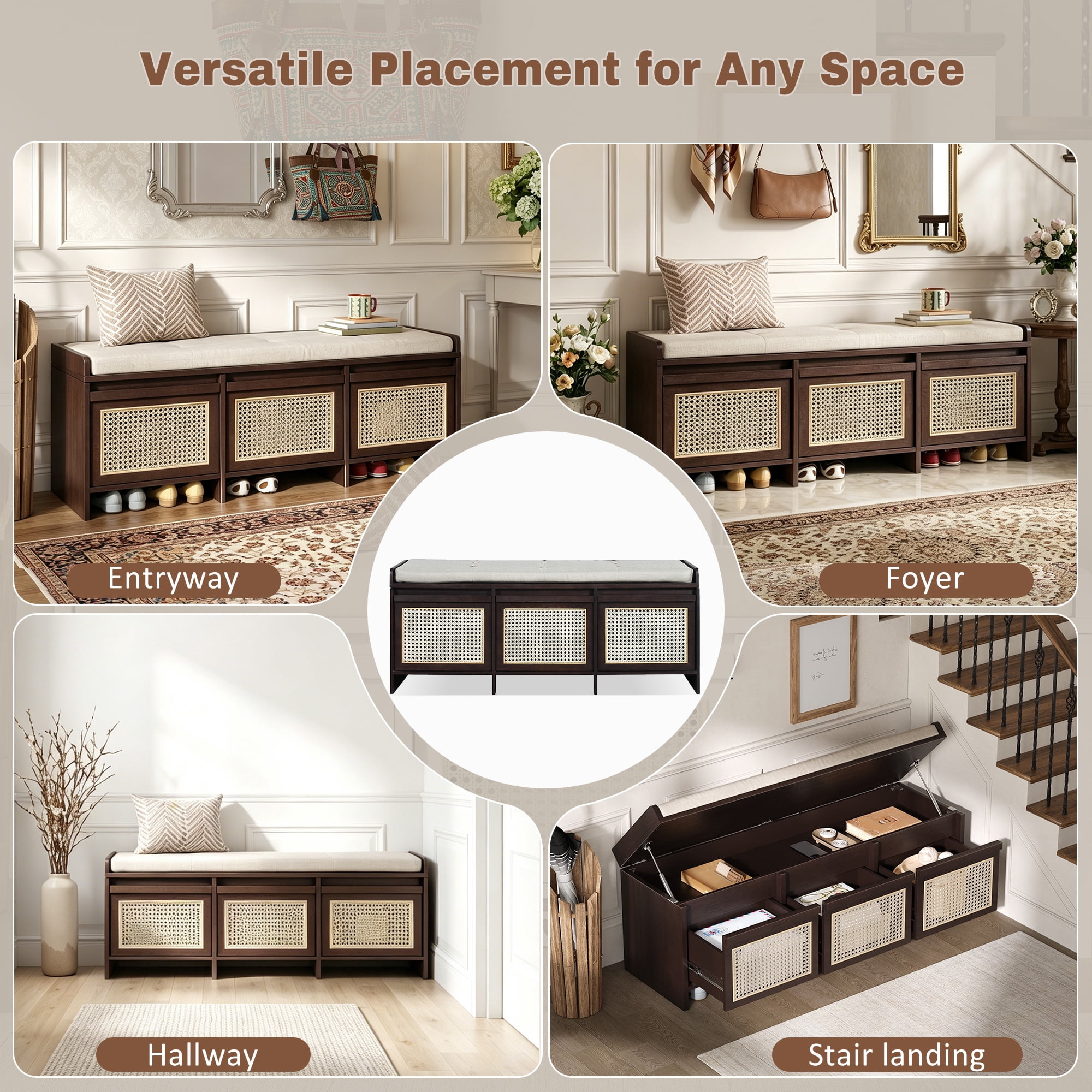 Shoe Bench 48 Inch Entryway Storage Bench with Rattan Drawers and Tufted Cushion, Hallway Seating and Shoe Rack Organizer for Living Room Foyer, Espresso