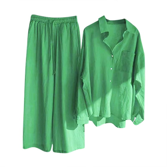 Outfit Sets for Women 2 Piece Lounge Set Casual Button Long Sleeve Shirts and Wide Leg Pants Outfit Tracksuit